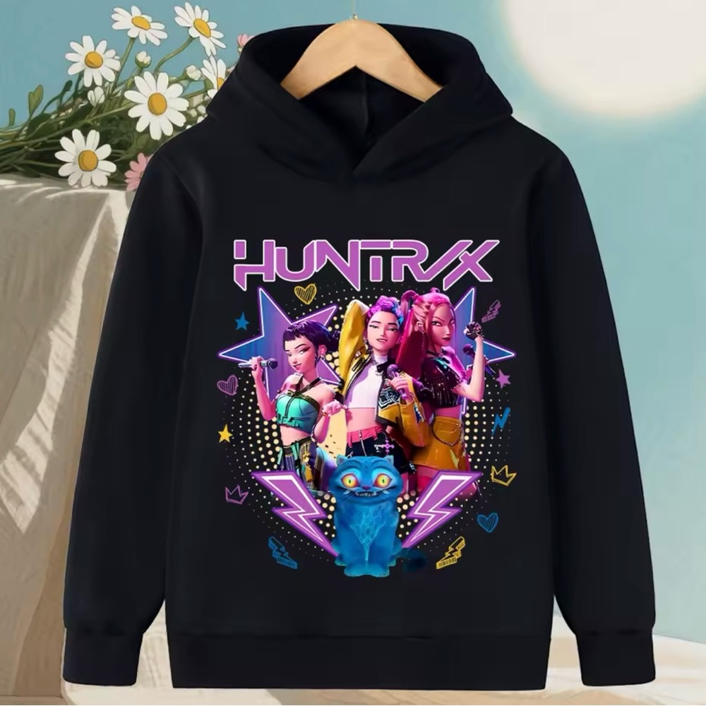 Kpop Demon Hunters Pullover Hoodie Kids Sweatshirt Girl Boy, Black, 120, Age 5-6